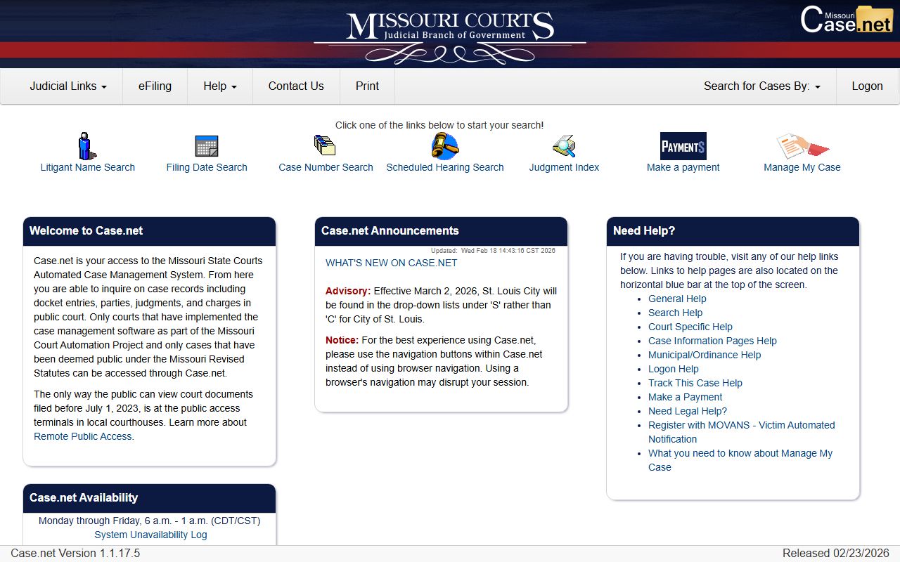 Missouri Case.net official state court case search system for traffic ticket records